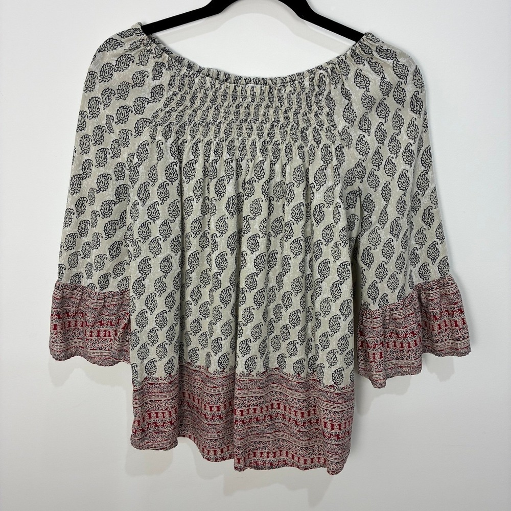 Boho Peasant Blouse Paisley Smocked Bell Sleeve Cream Red Blue Small